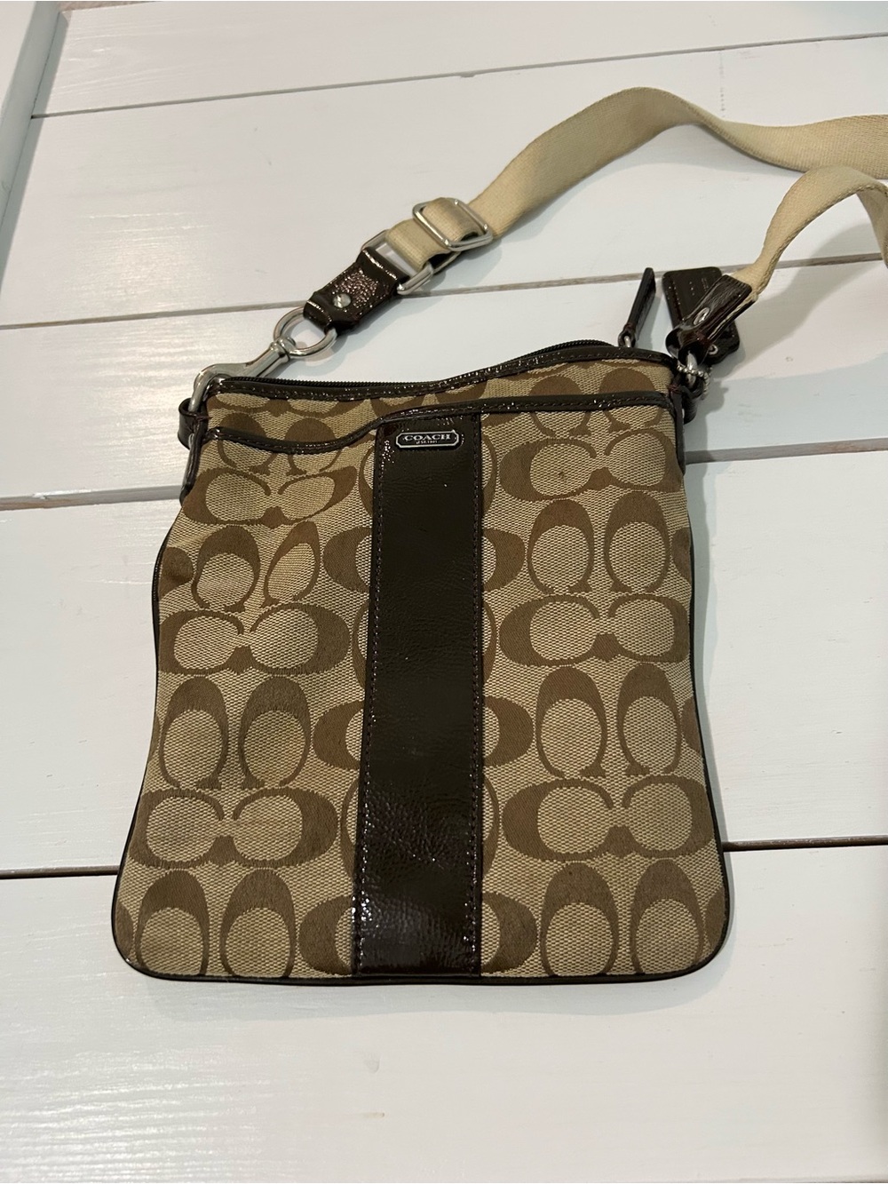 Y2K Coach Brown & Khaki Signature Monogram Canvas Messenger Bag Designer Purse